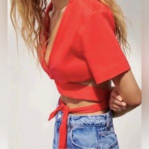 ZARA Linen Blend Red Crisscross Self-tie Crop Top